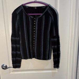 Free People Black,blue Top Button Front Long Sleeve Stripes Size not Listed (M?)